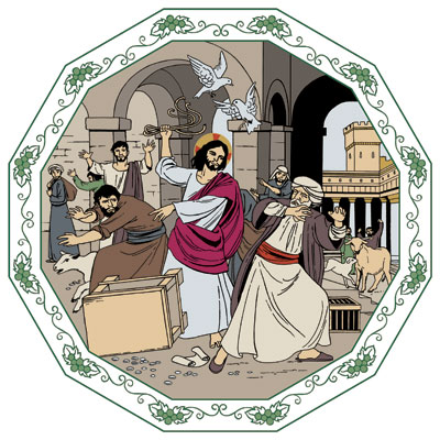 Jeesus kaataa kauppiaiden ja rahanvaihtajien pöydät ja uhkaa vielä lyödä heitä kädessään olevalla köysikimpulla.