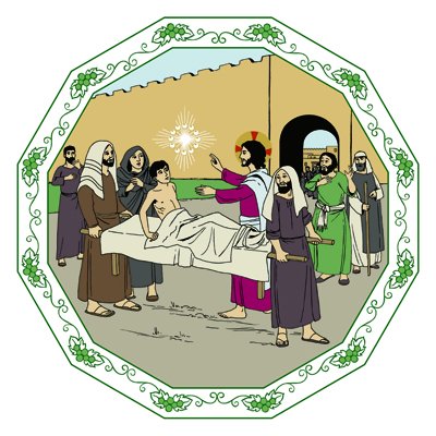 Jeesus on pysäyttänyt kaupungin portilla kantajat, jotka kuljettavat lesken pojan ruumista. Poika herää kuolleista ja nousee kaikkien ihmeeksi istumaan.