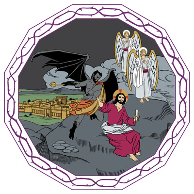 Jeesus istuu erämaassa vuorenharjanteella ja mustasiipinen, moniväriseen viittaan verhoutunut paholainen puhuttelee häntä. Enkelit ovat Jeesuksen lähellä tukemassa häntä.