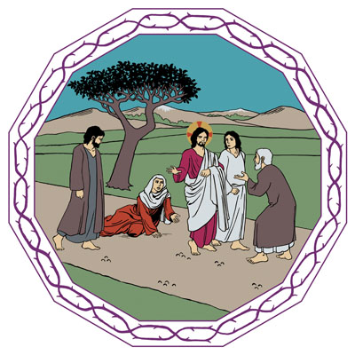 Jeesus opetuslapsineen kulkee maantietä. He ovat juuri ohittaneet maahan lyyhistyneen naisen, joka anelee heitä pysähtymään.