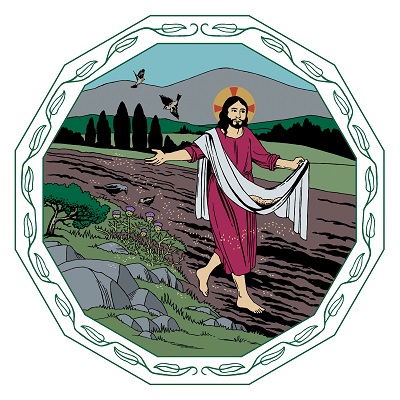 Jeesus kulkee pellolla kylväen siemeniä. Osa siemenistä putoaa otolliseen maaperään, osa ei.