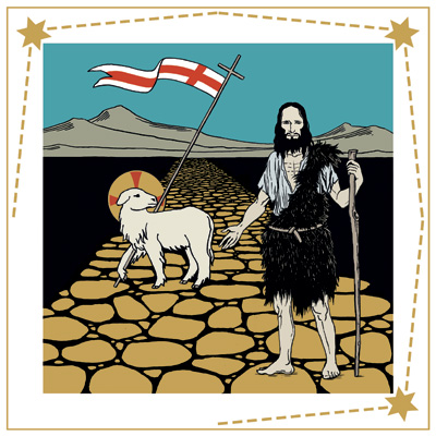 Kamelinkarvaviittaan pukeutunut Johannes viittoo tietä autiomaahan, jonka halki kulkee kultainen tie. Tiellä seisoo karitsa voitonviiriä kantaen.