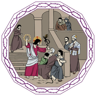 Jeesus kohtaa mykän miehen ja parantaa tämän. Hän ajaa miehestä pahan hengen, joka näyttäytyy pienenä, mustana, sarvipäisenä hahmona.