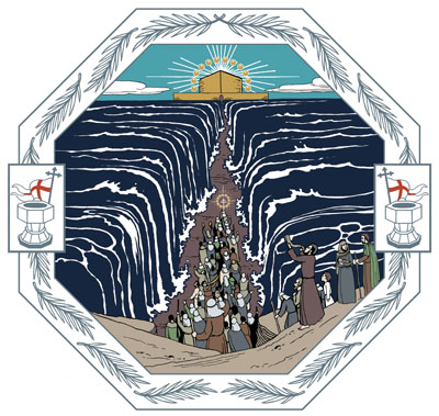 Meren vedet ovat jakautuneet ja sen keskelle on auennut tie, jota pitkin riemuitseva joukko kulkee kohti kaukana siintävää uutta Jerusalemia.