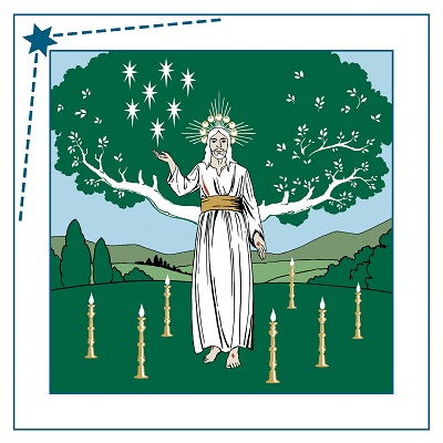 Kristus valkoiseen puettuna, seitsemän kynttilää vierellään, taustallaan viheriöivä puutarha ja elämänpuu.