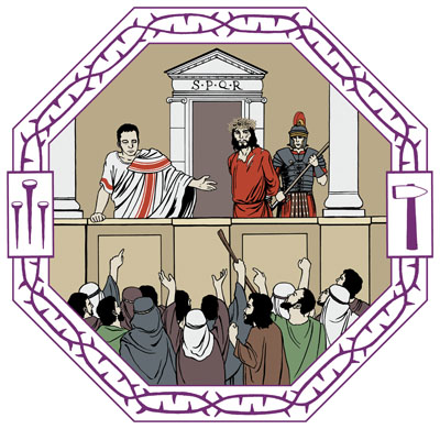 Pilatus on tuonut Jeesuksen parvekkeelle, josta alhaalla seisova väkijoukko näkee heidät.