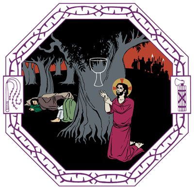 On pimeä yö ja Jeesus on polvistuneena rukoilemaan vanhan öljypuun alla. Opetuslapset nukkuvat, kun aseistautunut joukko lähestyy Jeesusta palavat soihdut käsissään.