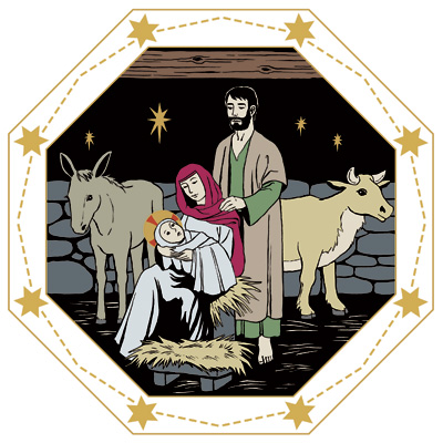 Maria, Joosef ja Jeesus-lapsi tallissa, vierellään aasi ja härkä. Jeesus-lapsi on Marialla sylissä, ja Joosef seisoo suojelevasti heidän vierellään.