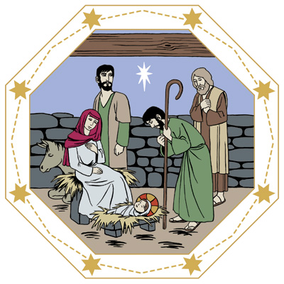 Paimenet kumartavat Jeesus-lasta, joka nukkuu tallin seimessä. Maria ja Joosef vartioivat hänen untaan.