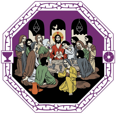 Jeesus ja hänen kaksitoista opetuslastaan ovat kokoontuneet viimeiselle ehtoolliselle. Juudas kääntää selkänsä muille ja on poistumassa rahapussi kädessään.