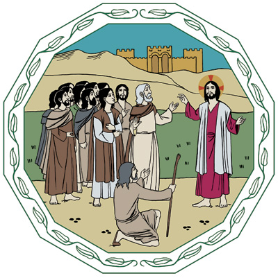 Jeesus ja hänen opetuslapsensa ovat pysähtyneet maantiellä, jonne Jerusalemin muuri jo näkyy. Sokea kerjäläinen on polvistunut Jeesuksen eteen ja puhuttelee häntä.
