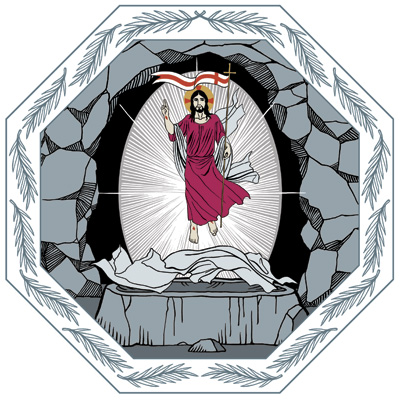 Ylösnoussut Jeesus hautakammiossaan, voitonviiri kädessään. Vain tyhjä käärinliina laskeutuu hautapaaden päälle.