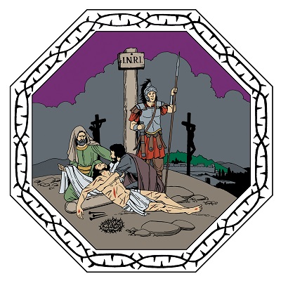 Joosef ja Nikodemos ovat hellävaroen laskeneet Jeesuksen ristiltä ja ovat käärimässä häntä hautaliinaan.