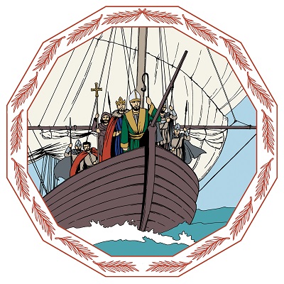 Pyhä Henrik ja Ruotsin kuningas Eerik saapuvat mereltä purjelaivalla.