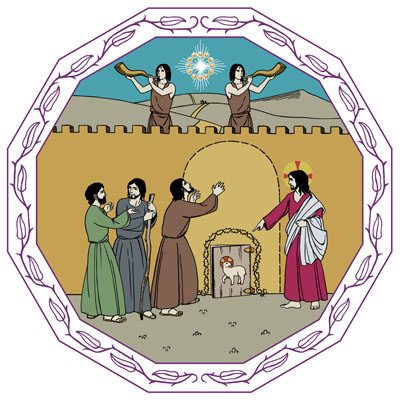 Kolme etsijää yrittää löytää muurista ovea, mutta se on niin pieni ja matala, etteivät he löydä sitä, vaikka Jeesus on heidän vierellään osoittamassa, mistä sitä pitäisi etsiä.