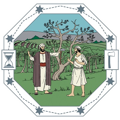 Viinitarhan isäntä ojentaa puutarhurilleen kirvestä, jotta tämä kaataisi viikunapuun. Lehdetön puu pistää silmään muuten viheriöivässä hedelmätarhassa. Puutarhuri ei halua tarttua kirveeseen.