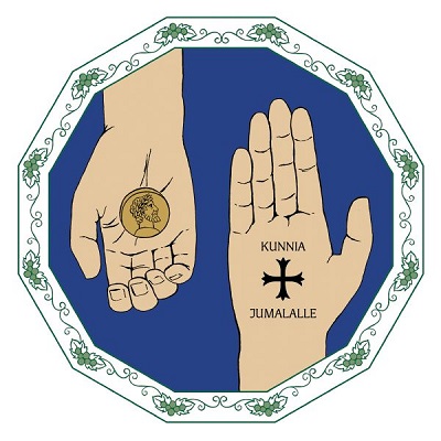 Kaksi kämmentä, joista toisessa on keisarin kuvalla varustettu kultaraha, toisessa ristin kuva ja teksti: kunnia jumalalle.