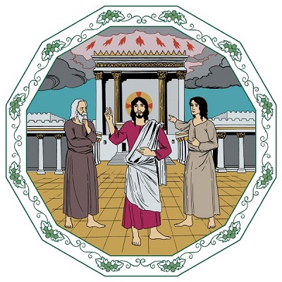 Jeesus ja kaksi hänen opetuslastaan ovat Jerusalemin temppelin edustalla ja Jeesus antaa heille näyn tulevasta. Temppelin ylle on kerääntynyt synkkiä pilviä, joista leimahtelee tulisia salamoita.