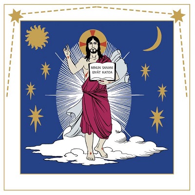 Kristus pilvien, tähtien, auringon ja kuun ympäröimänä, kädessään avattu kirja, jossa lukee: minun sanani eivät katoa.
