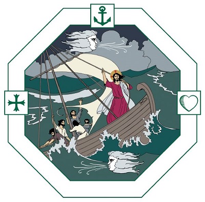 Opetuslapset ovat herättäneet Jeesuksen ja tämä seisoo veneessä nuhdellen myrskytuulta. Meri aaltoilee hurjana ja taivas on synkkä.