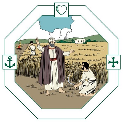 Isäntä neuvoo työmiestä, joka on leikkaamassa kypsää viljaa sirpillään. Kauempana palaa rovio, jolla rikkaviljaa poltetaan.